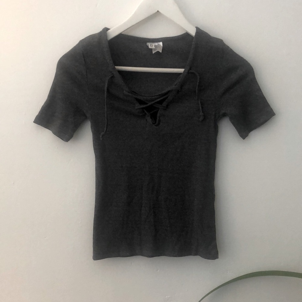 Grey Ribbed Cap Sleeve With Drawstring Neckline